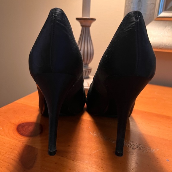 Black, satin, peep toe heels. - Picture 5 of 6